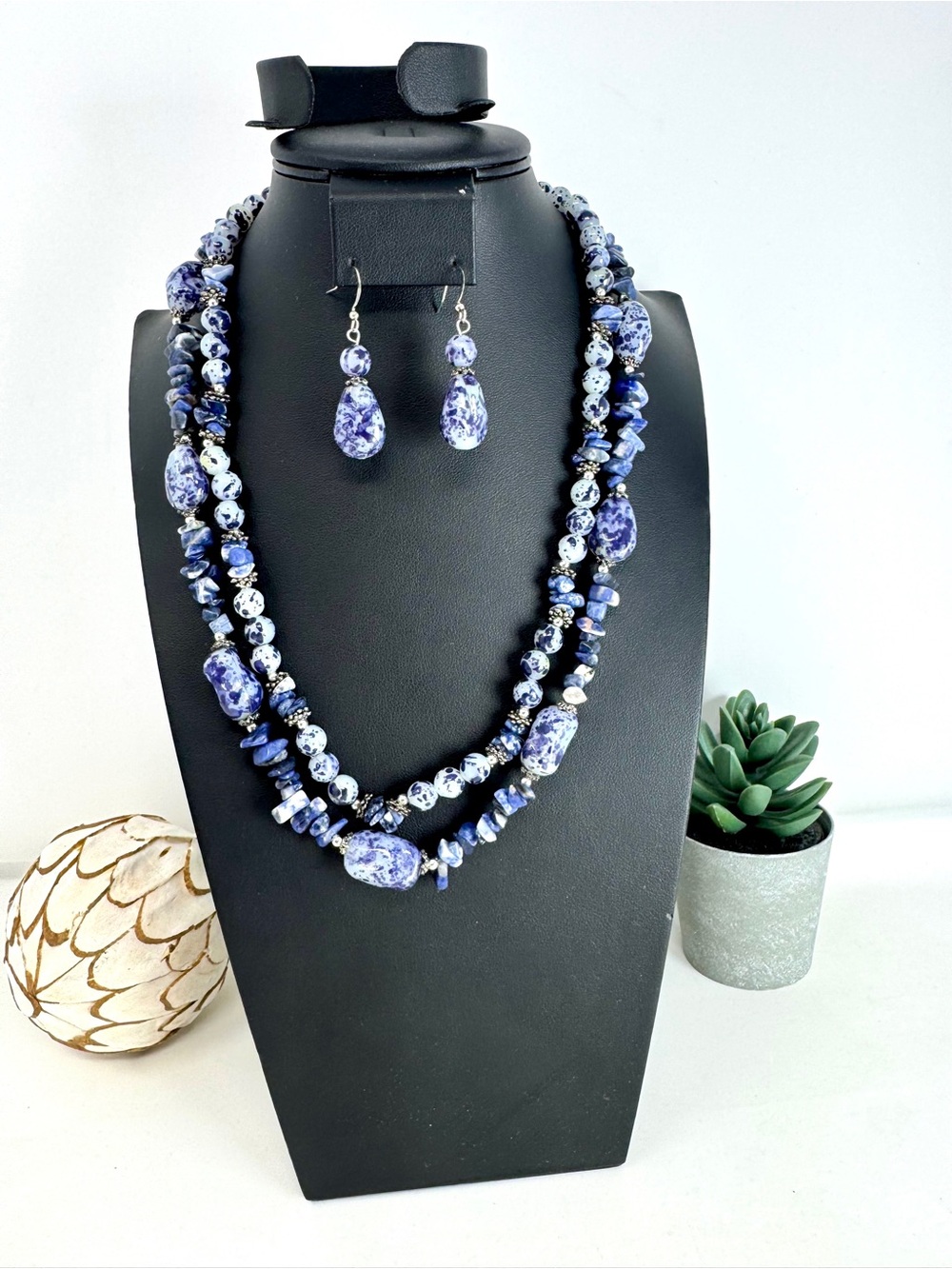 Vintage Artisan Sodalite Gemstone & Acrylic Beaded Double Strand Necklace Set